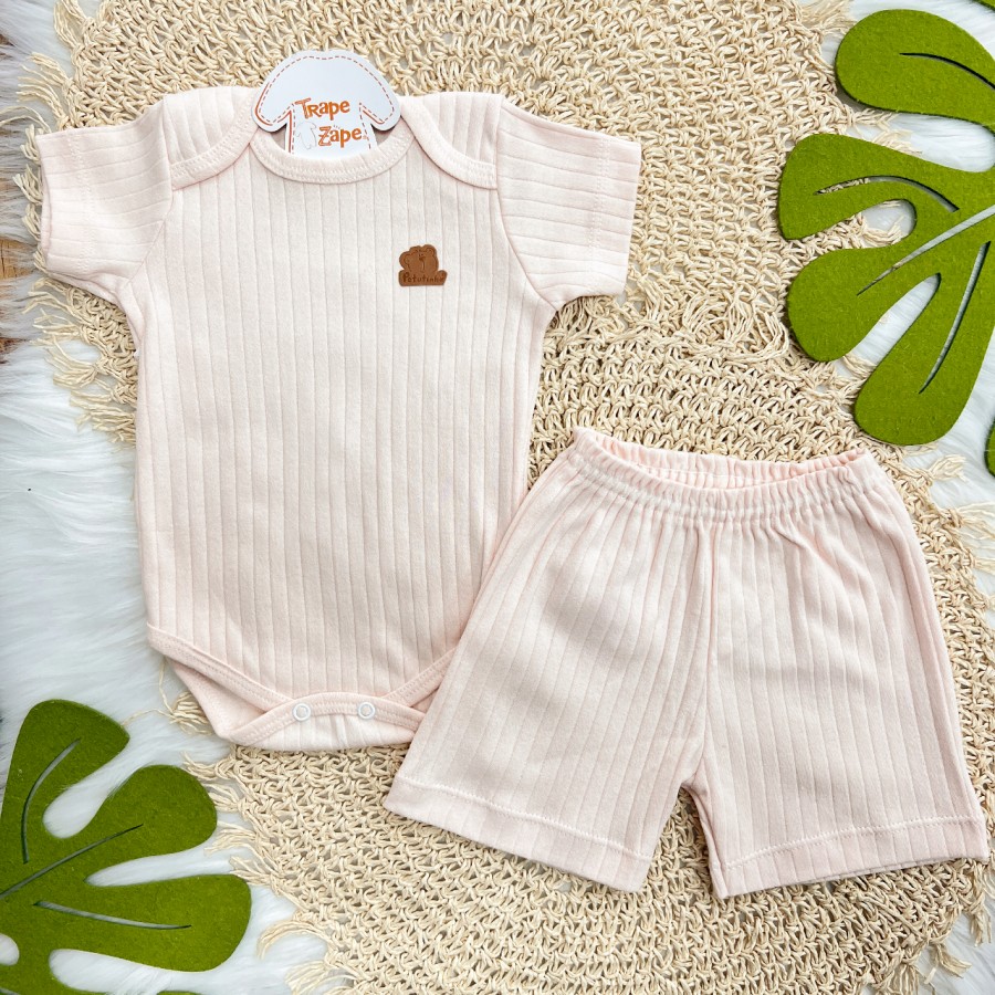 Conj. Body Manga Curta e Short Canelado - Salmão